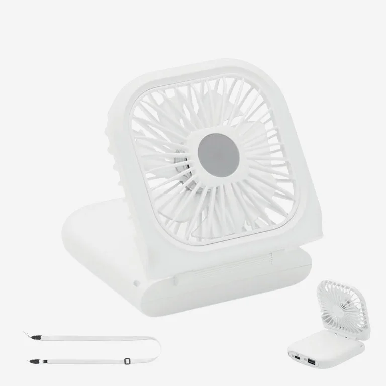 Portable foldable fan with adjustable neck strap. 3 speed settings. Can also be used as desk fan when folded. Including a 3000 mAh power bank.